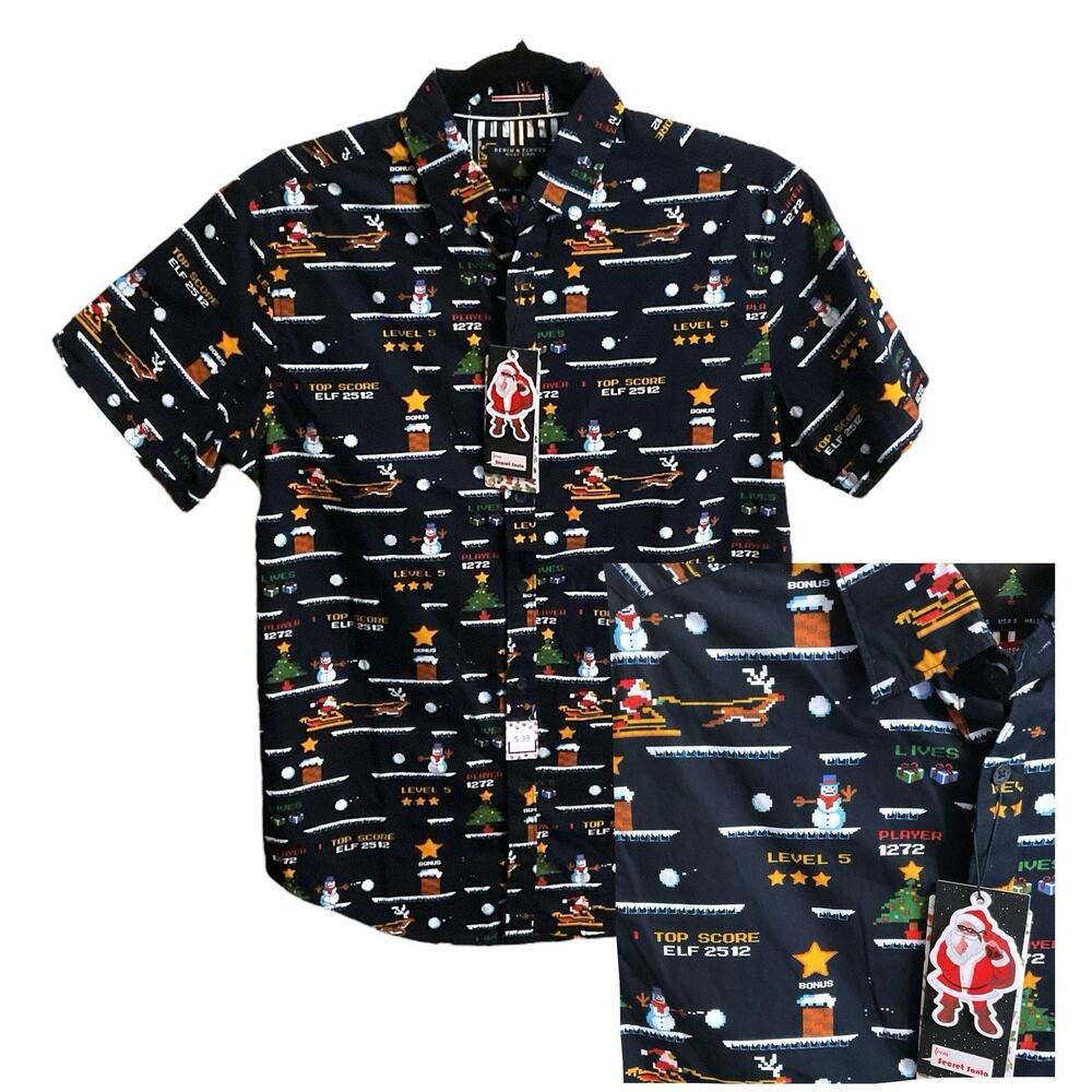 Denim & Flower Christmas Shirt Men's Size S Snowman Video Game Ricky Singh